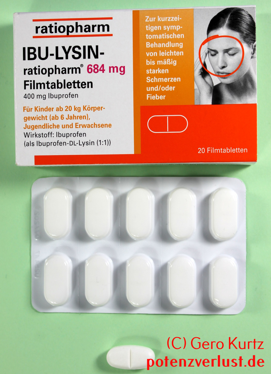 Ibu-Lysin von Ratiopharm Verpackung und Tablettenblister